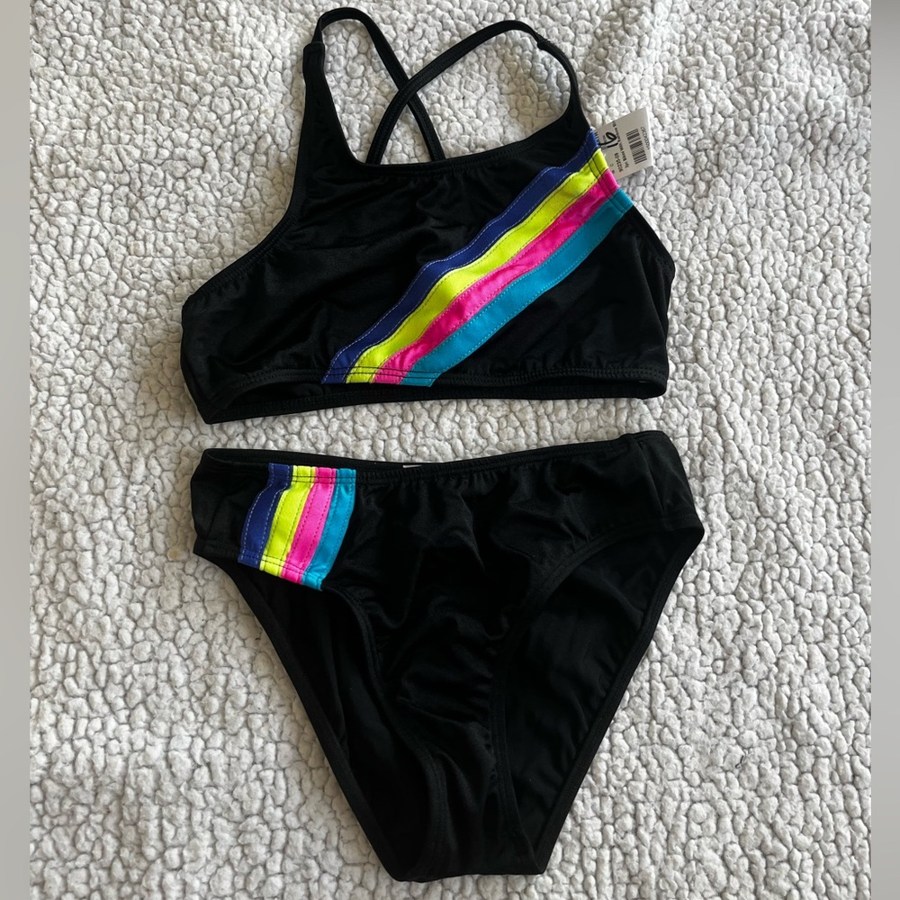 NWT - Random Hearts  - Girls Size 14 - Black Rainbow Design Bikini Swimsuit